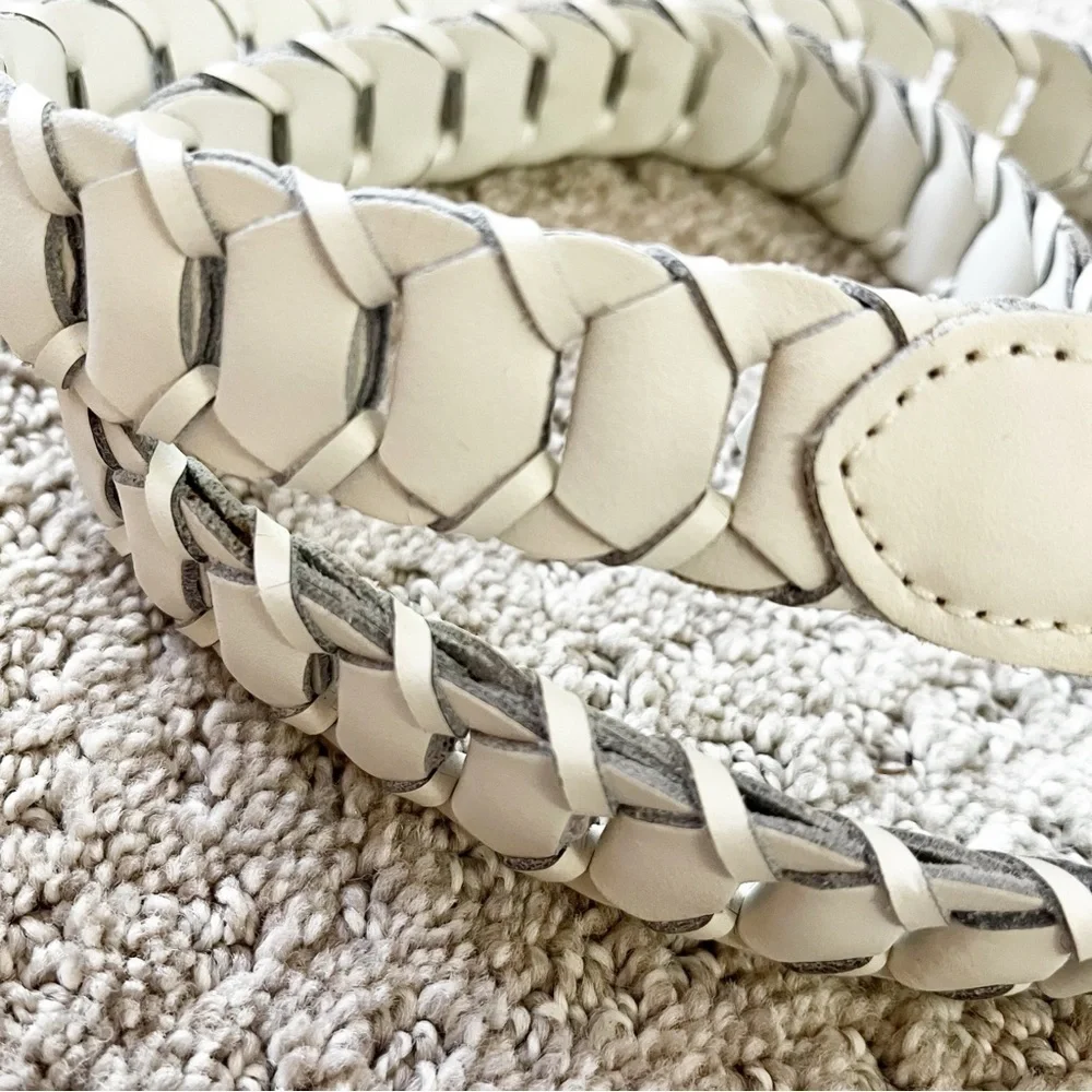 County Seat Womens Ivory Woven Belt Sz L Braided Leather Western Classic Brass